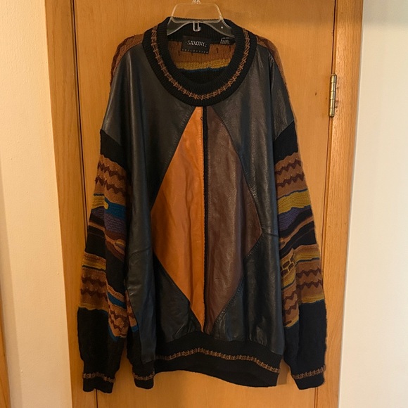 Saxony Collection Men's Vintage 3D Knit Leather Sweater Orange Brown Size 3XB